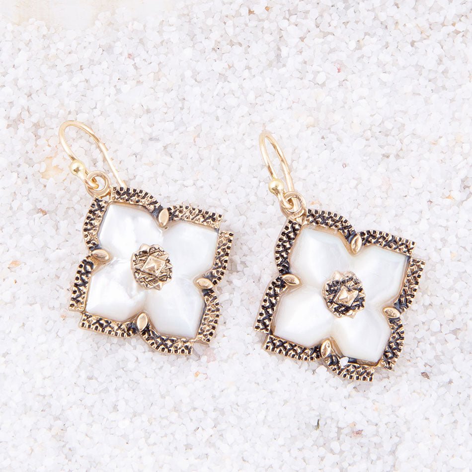 White Mother of Pearl Maltese Cross Golden Drop Earrings