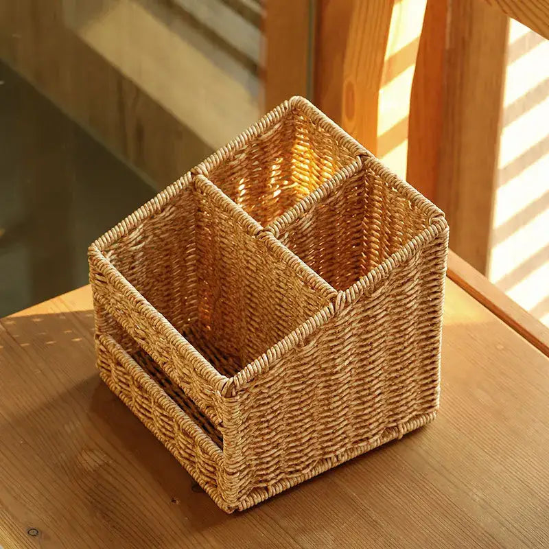 Woven tan desktop tissue box pen holder – living room organizer