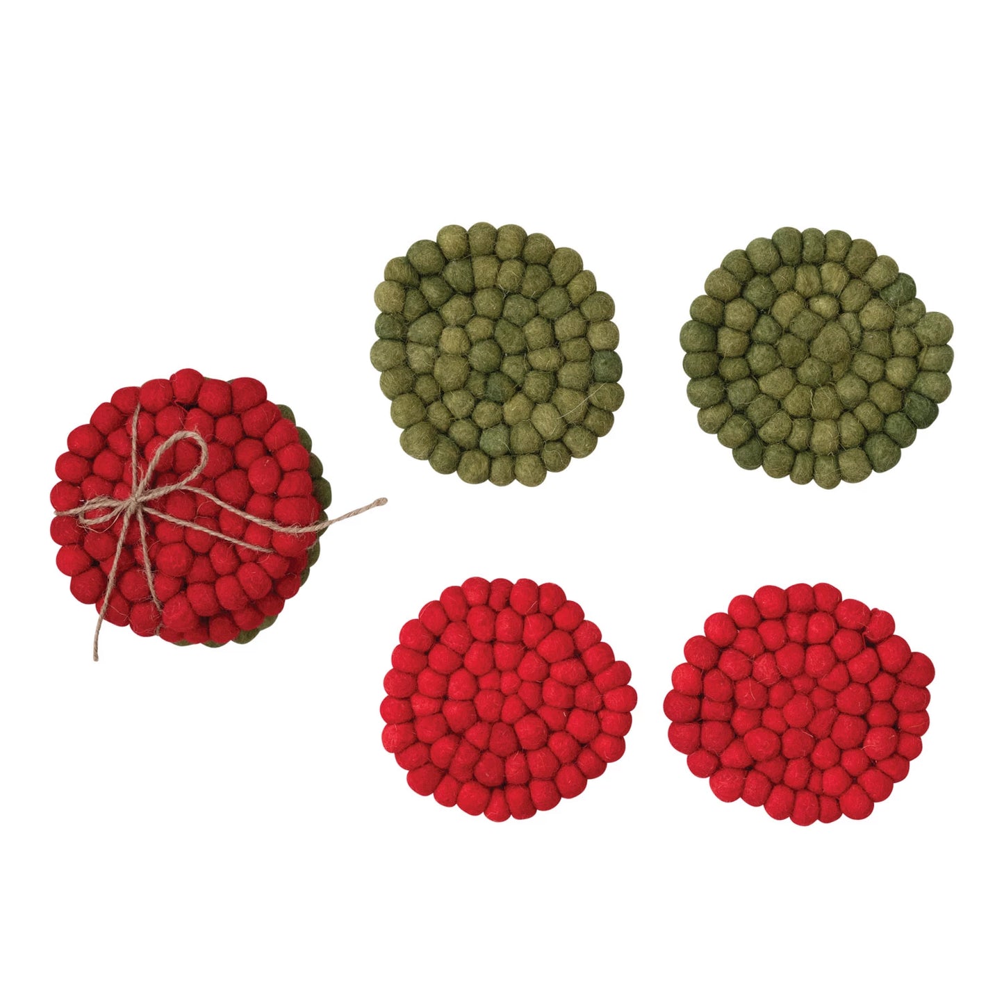Round Handmade Wool Felt Ball Coasters - Red & Green
