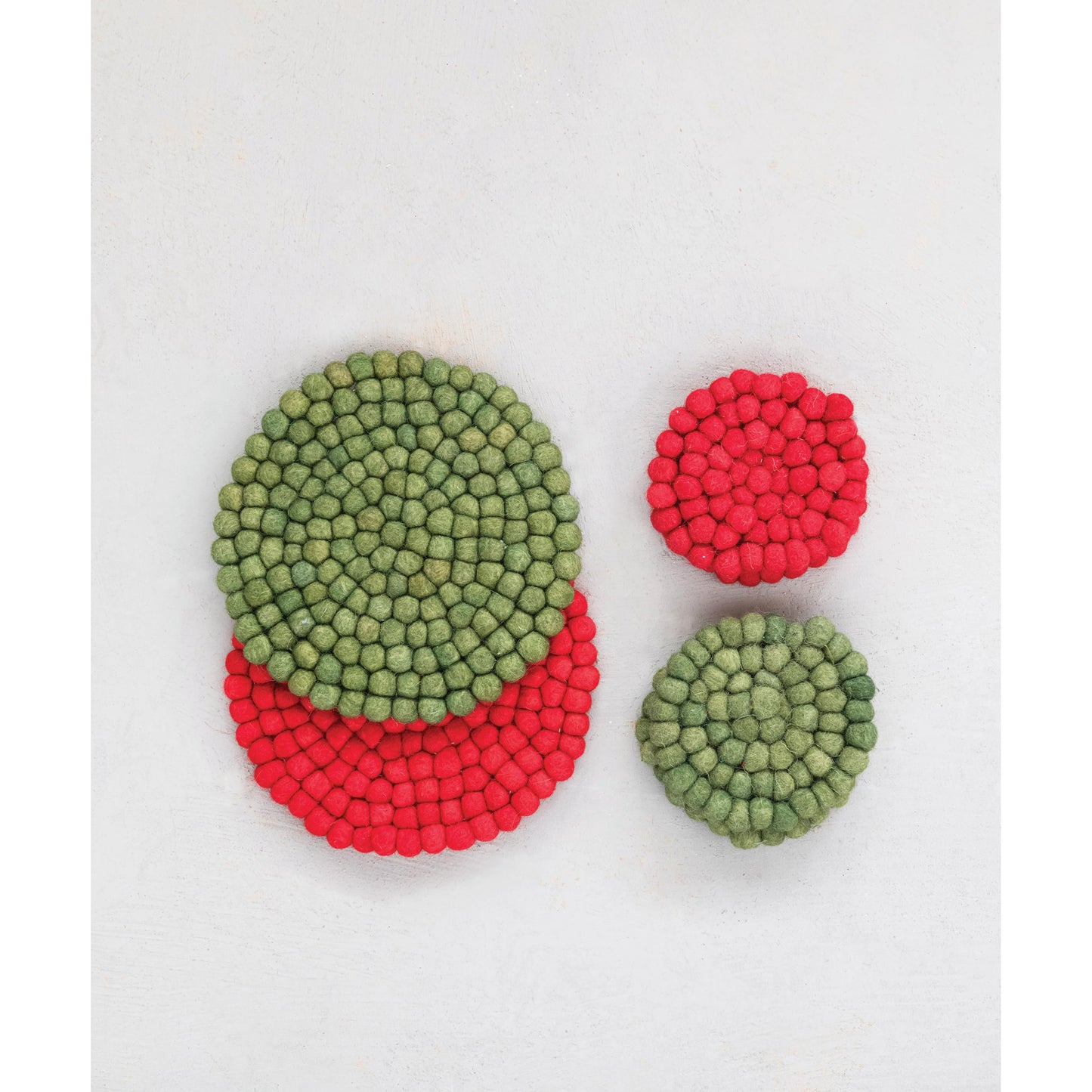 Round Handmade Wool Felt Ball Coasters - Red & Green