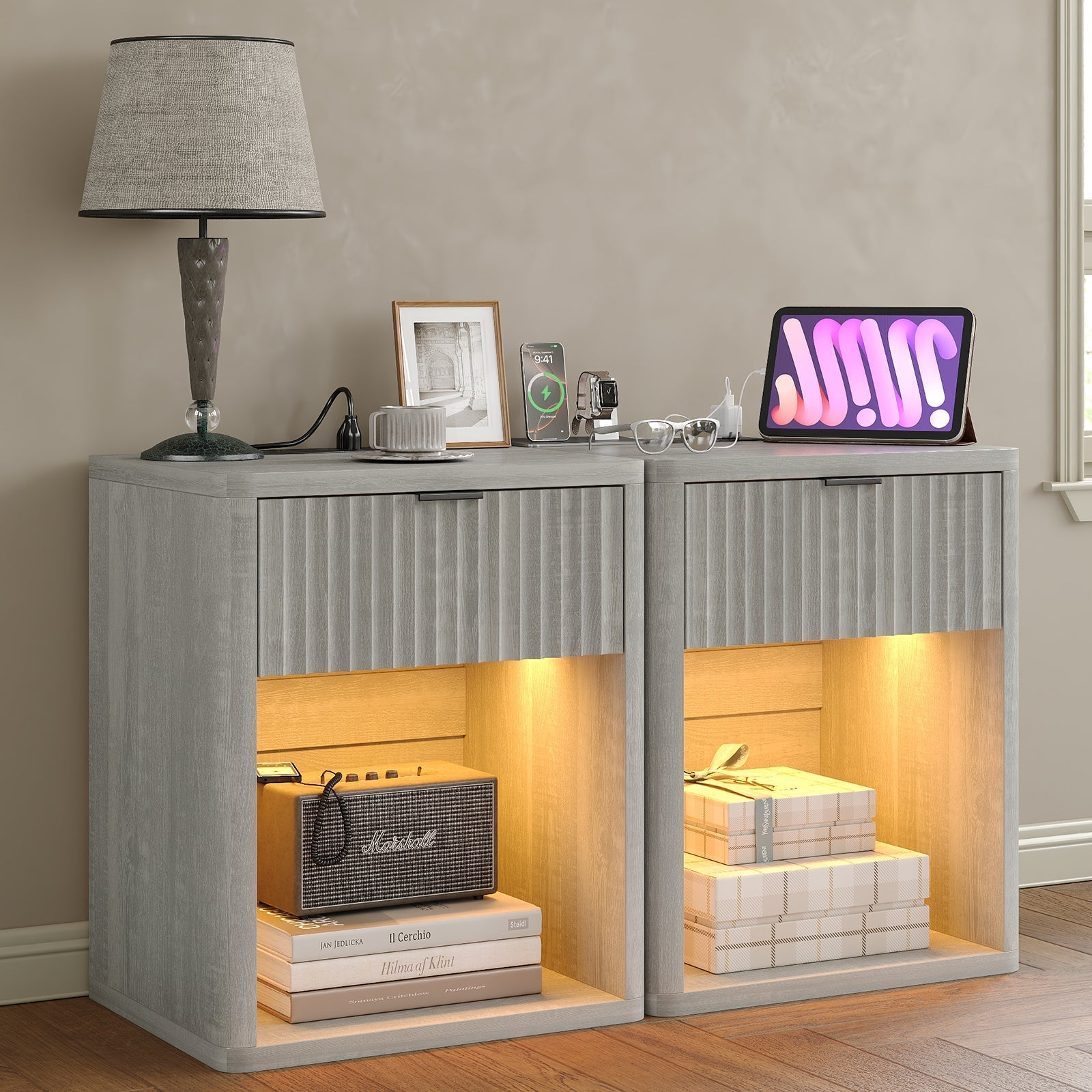 Fluted LED Nightstand with Charging Station, Drawer Side Tables, Oak - Vektaya