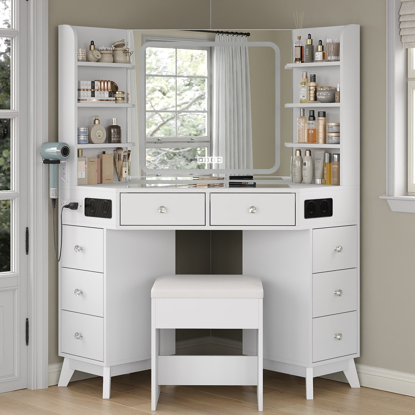 Yanosaku VD021 Corner Makeup Vanity, Mirror, Lights, Bluetooth, White