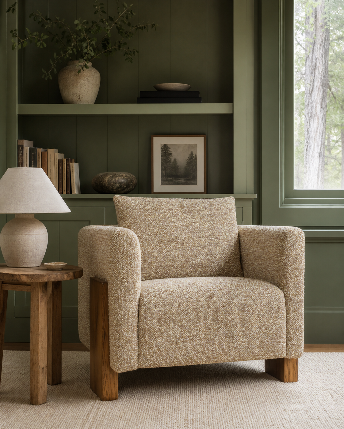 Amber Oak Accent Chair styled in a refined cream and green reading corner