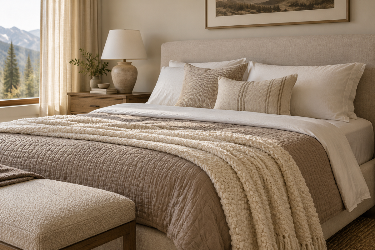 Neutral bed with ivory sheets, a taupe quilt, and a textured cream blanket folded at the foot.