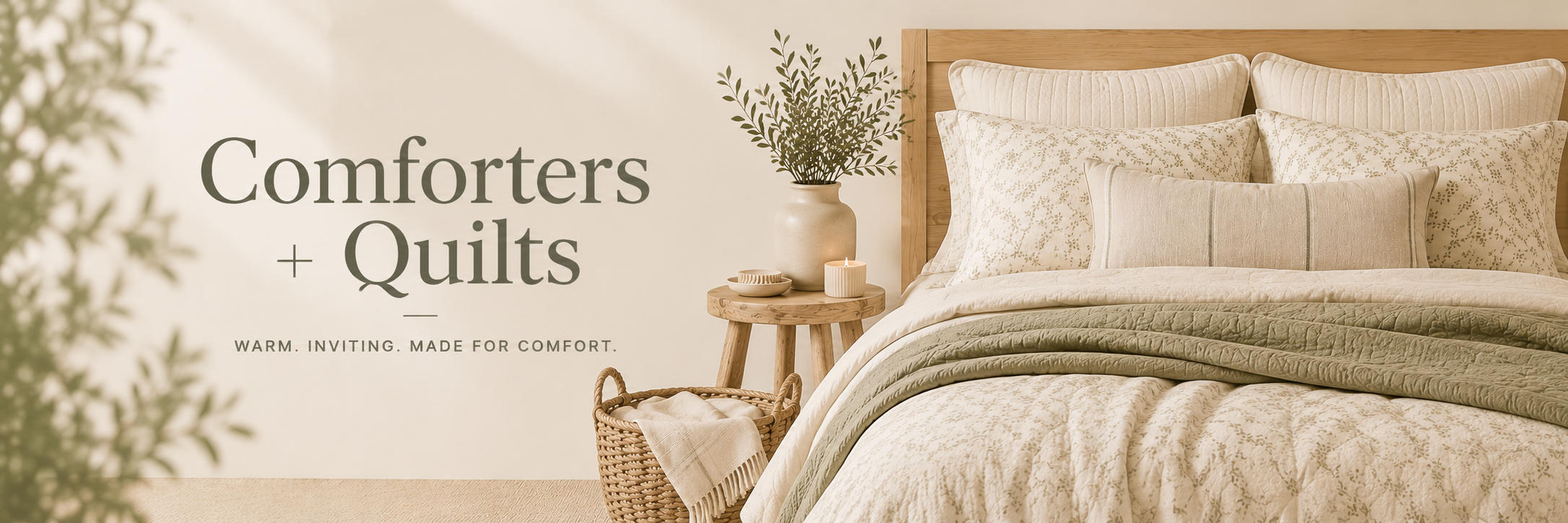  A beautifully layered bed featuring a soft quilt, plush comforter, and neutral bedding in a warm, inviting bedroom retreat.