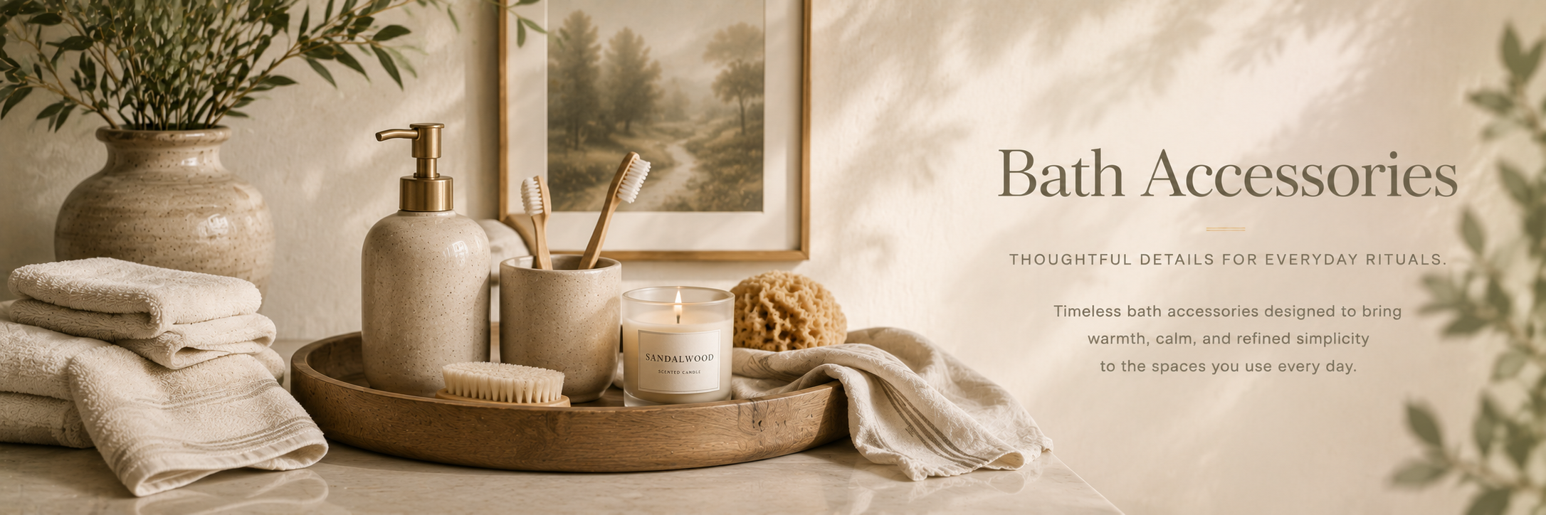 Warm neutral bathroom accessories with ceramics, natural textures, wood accents, and soft editorial styling