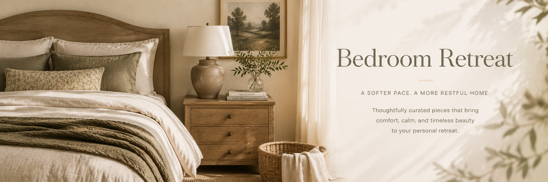 Warm neutral bedroom retreat with layered bedding, natural textures, wood furniture, and soft airy lighting