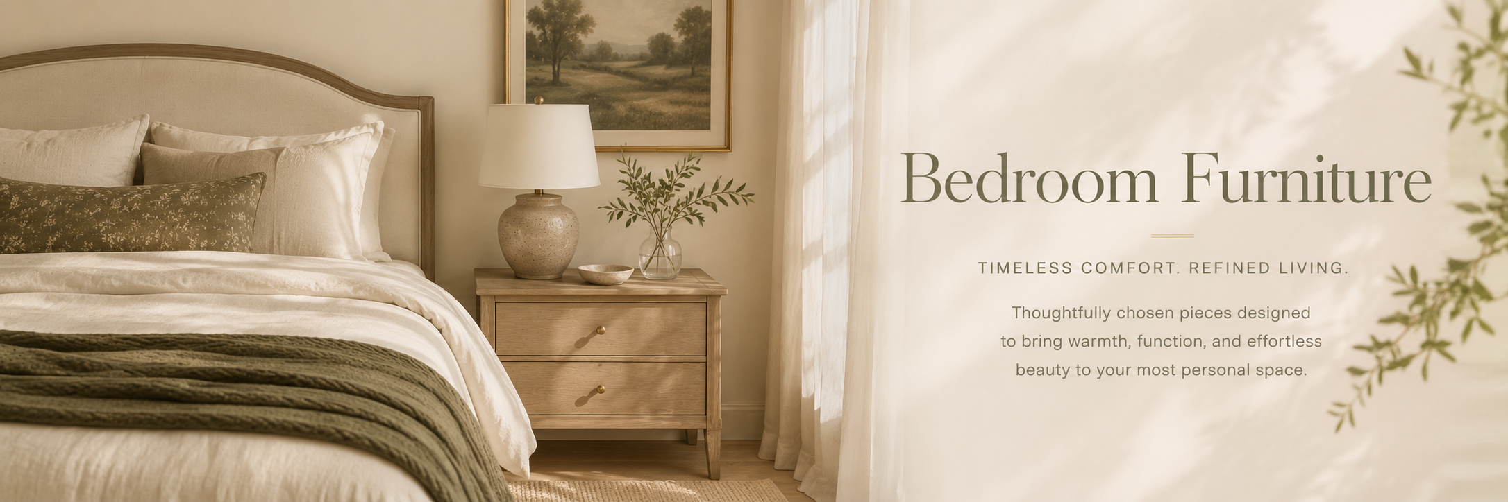 Warm neutral bedroom with upholstered bed, wood nightstand, soft olive accents, and airy natural lighting