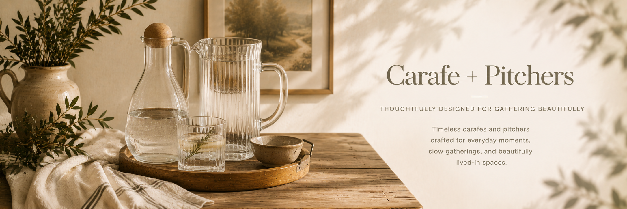 Minimal neutral carafes and pitchers styled with soft natural lighting, glassware, and warm editorial kitchen decor