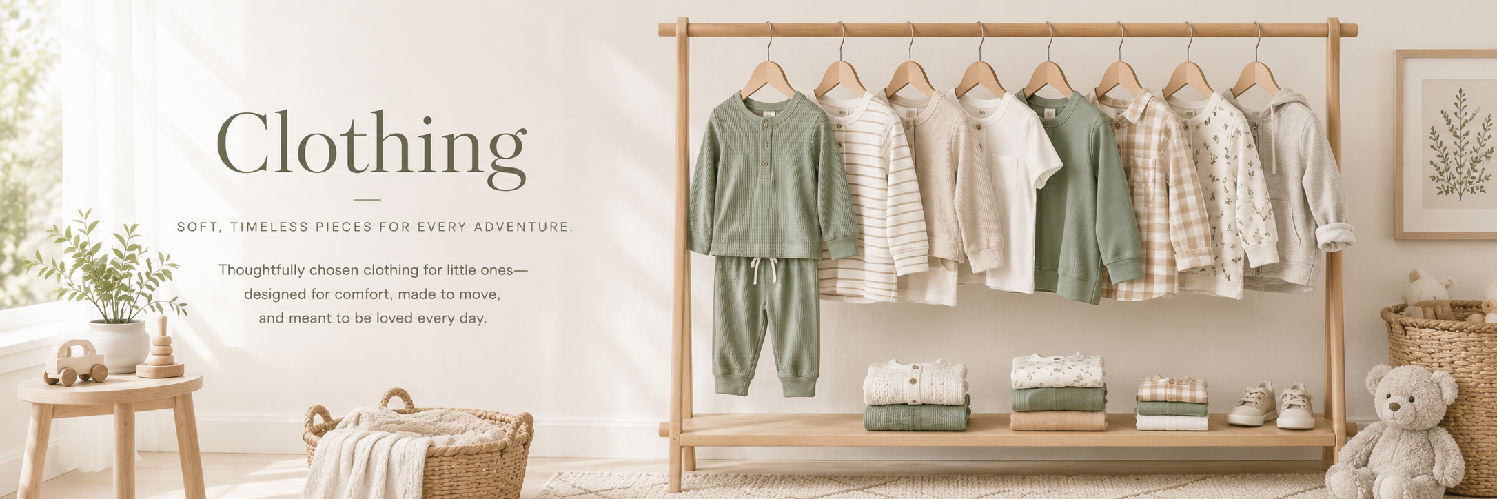 Soft neutral and sage children’s clothing displayed on wood rack in warm minimalist nursery setting