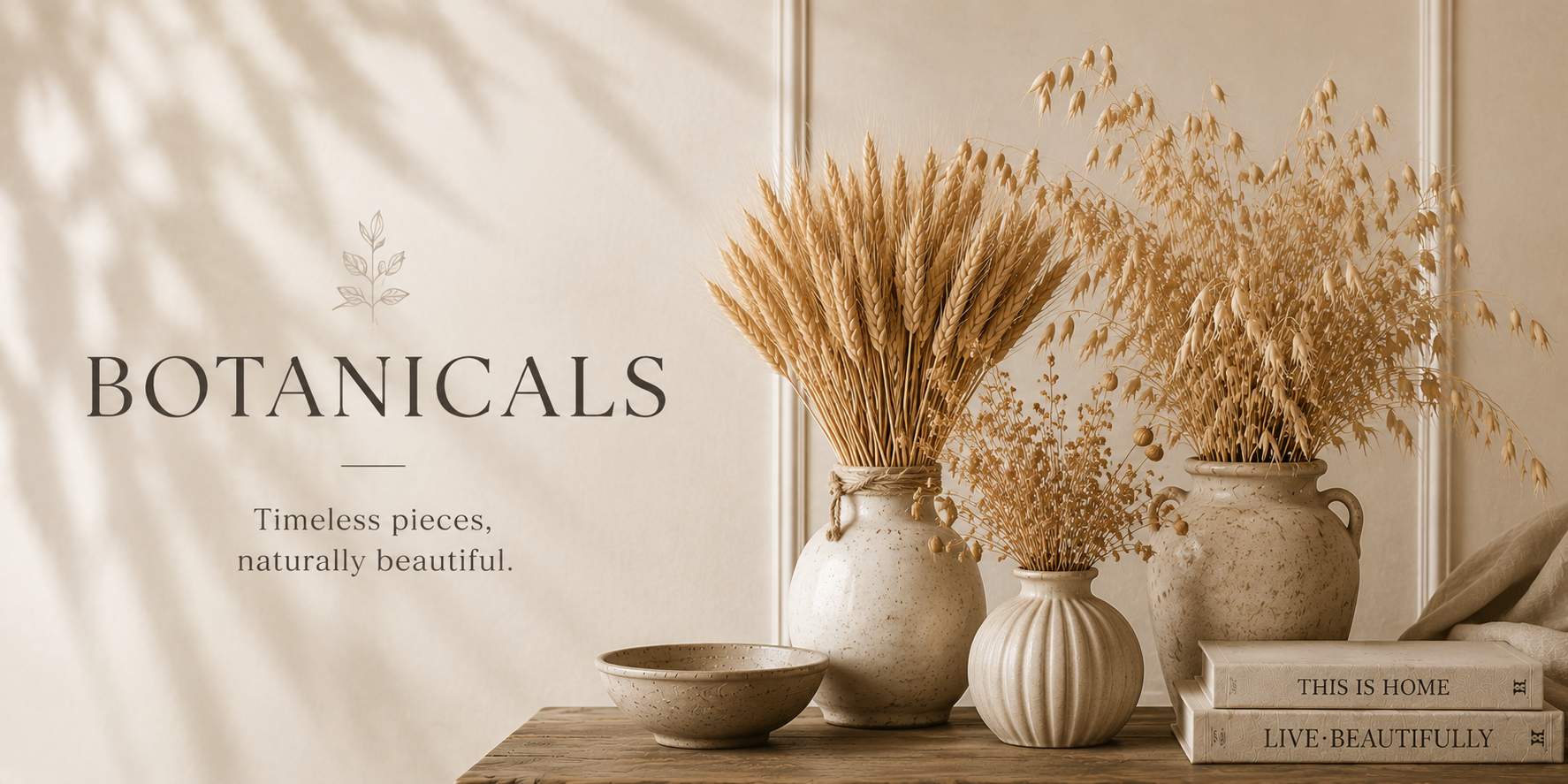 Neutral dried botanicals styled in a ceramic vase with natural textures in a warm, refined home setting