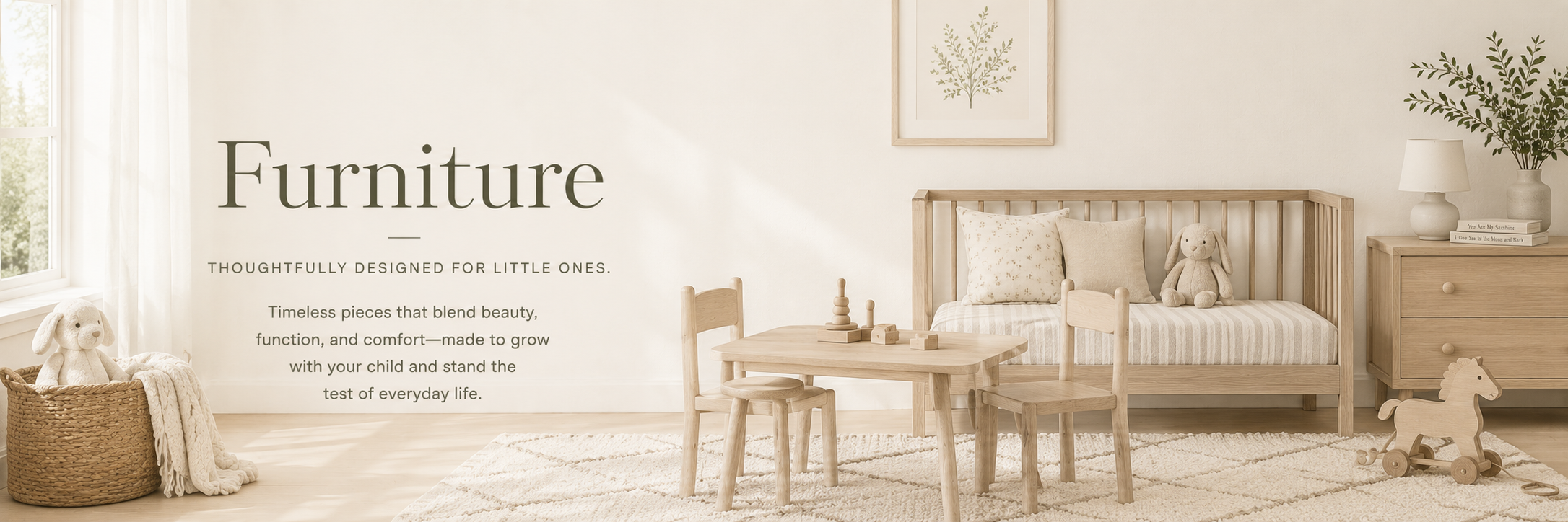 Soft neutral nursery furniture with wood crib, play table, and warm minimalist styling