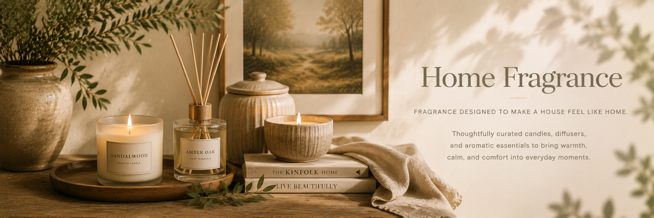 Warm neutral home fragrance styling with candles, diffusers, ceramics, and soft editorial lighting