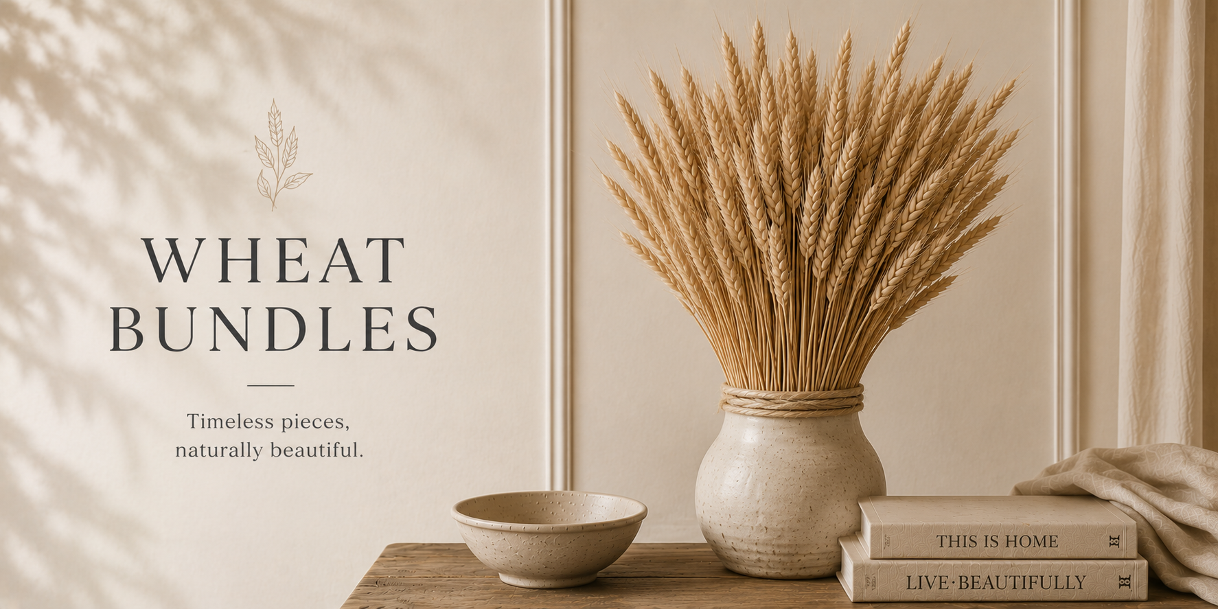 Natural wheat bundle styled in a neutral vase on a wood surface with warm tones and organic textures
