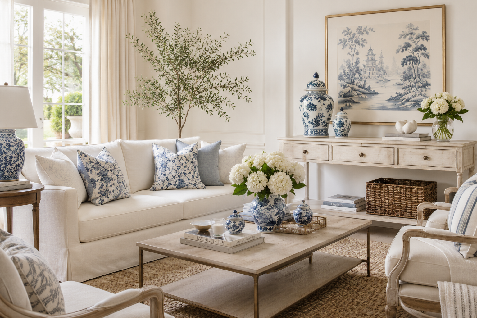 Blue and white chinoiserie home décor featuring classic ginger jars, decorative vessels, and timeless accents styled in an elegant interior.