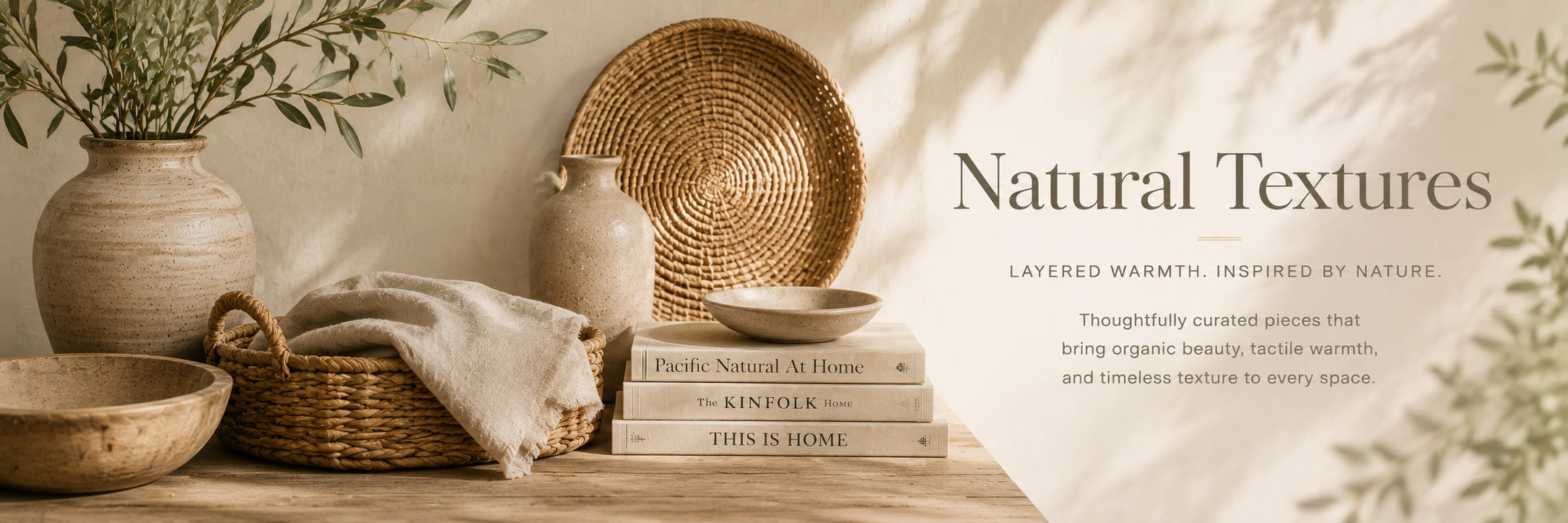 Warm neutral home decor with woven textures, natural wood accents, ceramics, and layered organic styling