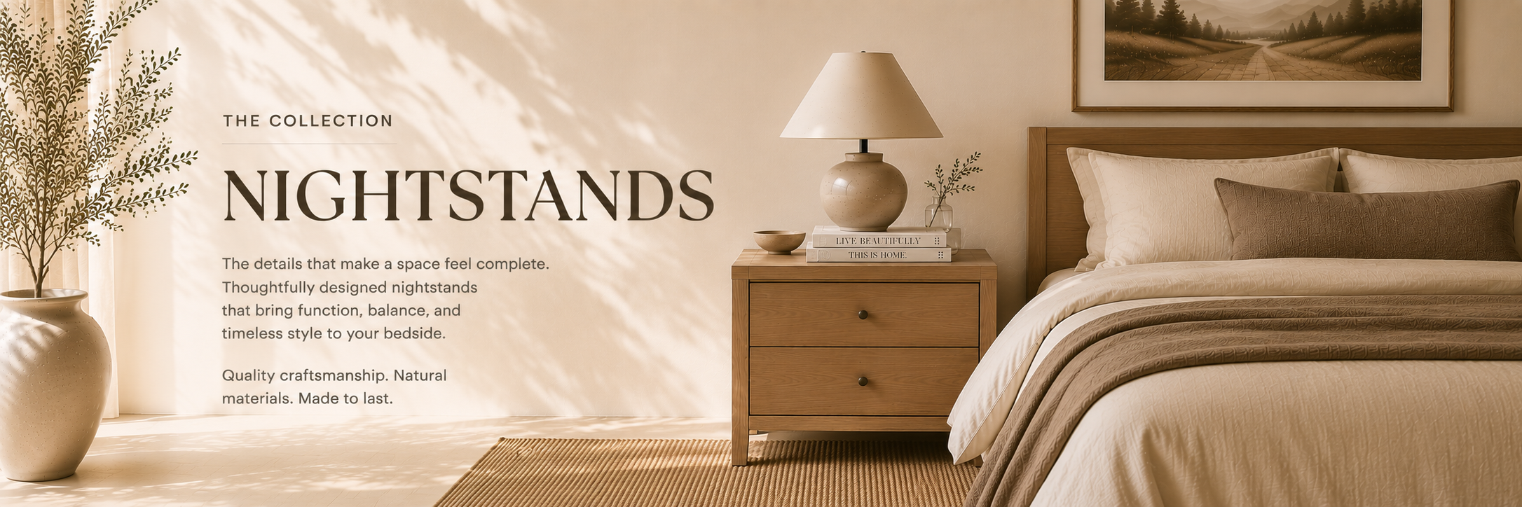 oft neutral bedroom with a wood nightstand beside a bed, styled with a lamp and simple decor in warm natural light