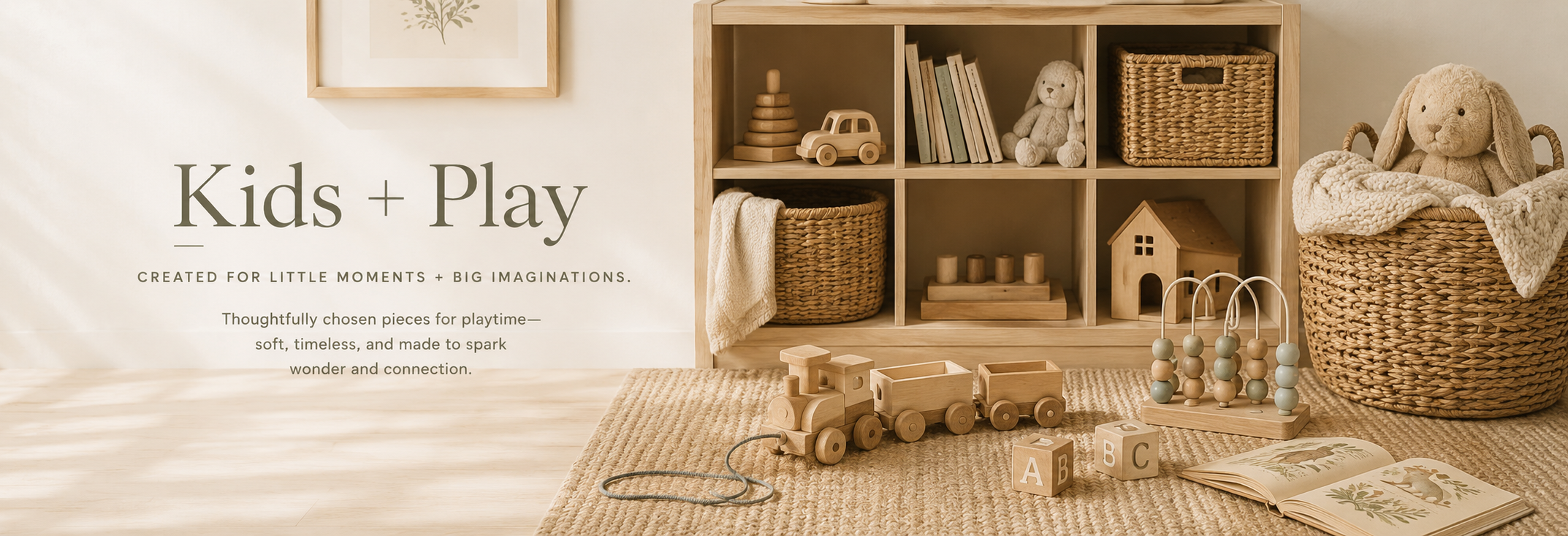 Soft neutral nursery with wood crib, cozy bedding, rustic toys, and warm natural lighting