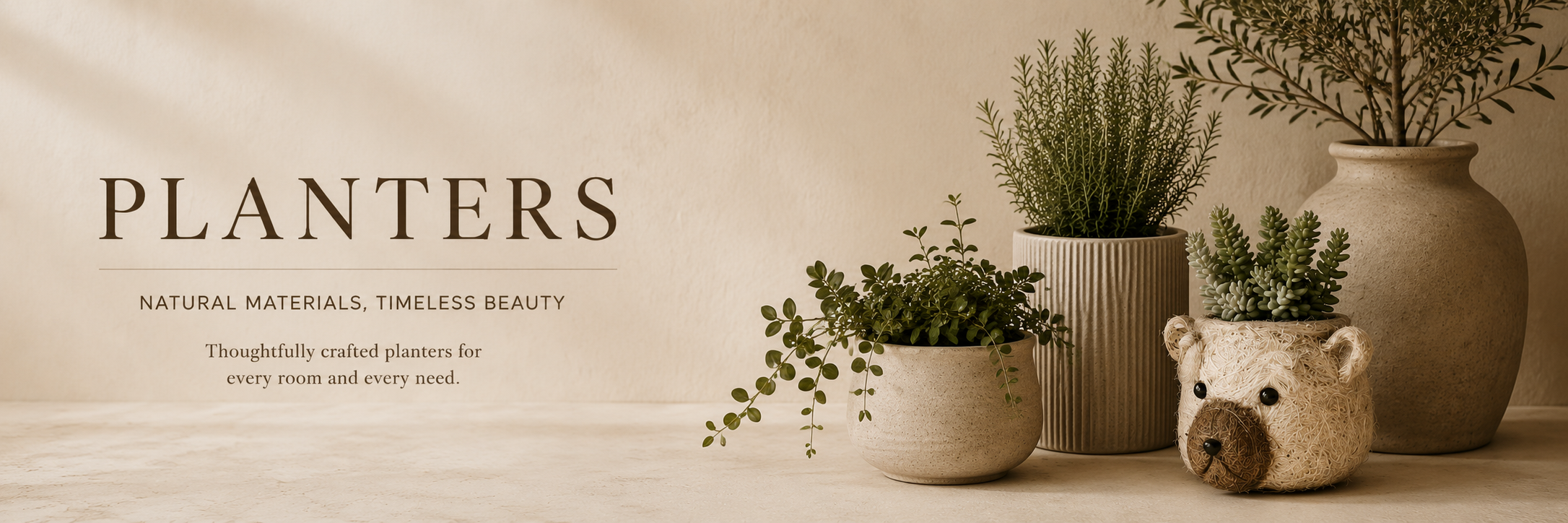 Neutral-toned planters with greenery styled in a warm, minimal interior with natural textures