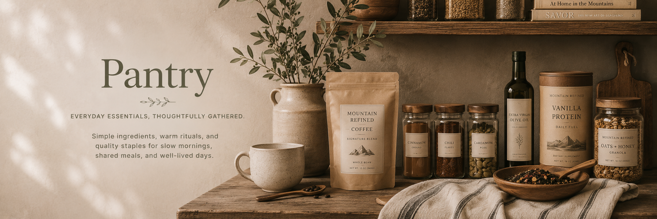 Curated pantry essentials including coffee, tea, spices, glass jars, and natural kitchen styling in warm neutral tones