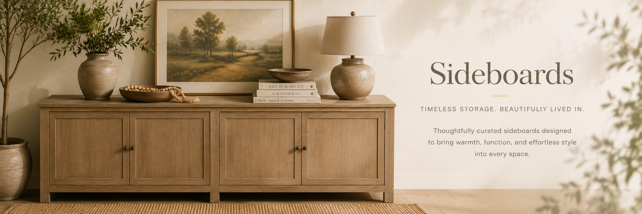 Warm neutral sideboard furniture with natural wood tones, layered decor, and soft editorial styling