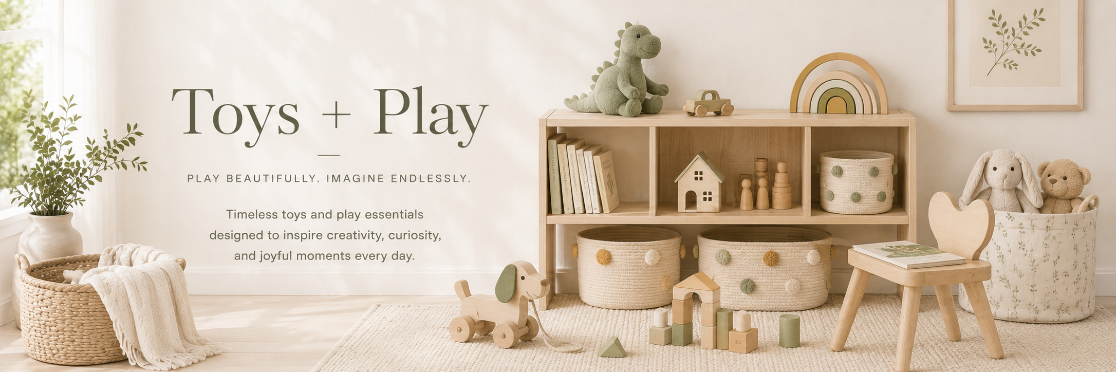 Minimal neutral playroom with wooden toys, soft sage accents, and warm natural textures