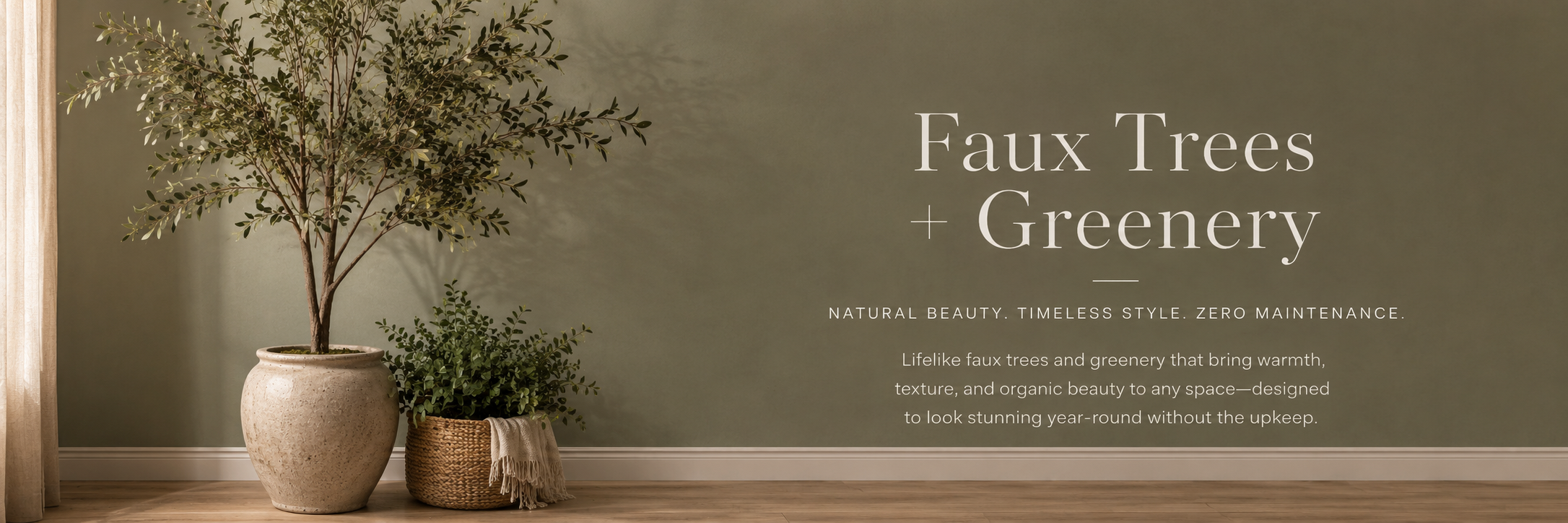 A curated collection of lifelike faux trees and greenery, including olive trees, topiaries, and botanical accents styled in a warm, refined interior.