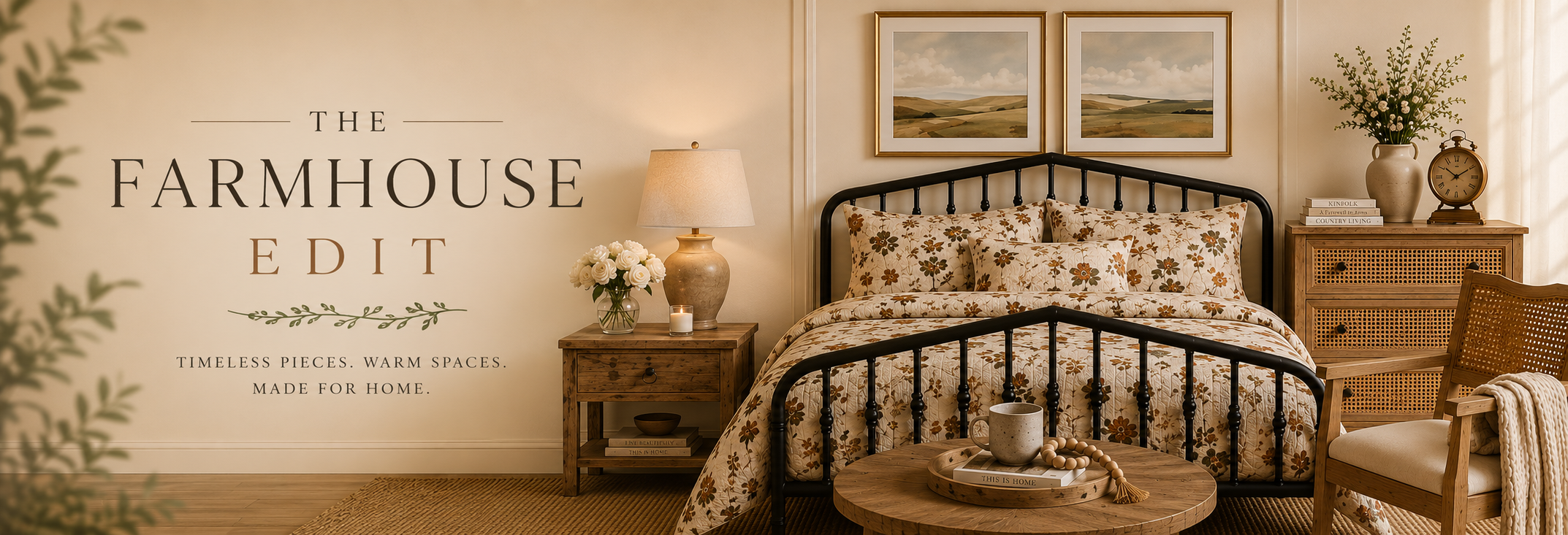 The Farmhouse Edit collection featuring warm woods, soft neutral textures, classic farmhouse decor, and timeless home accents from Mountain Refined.