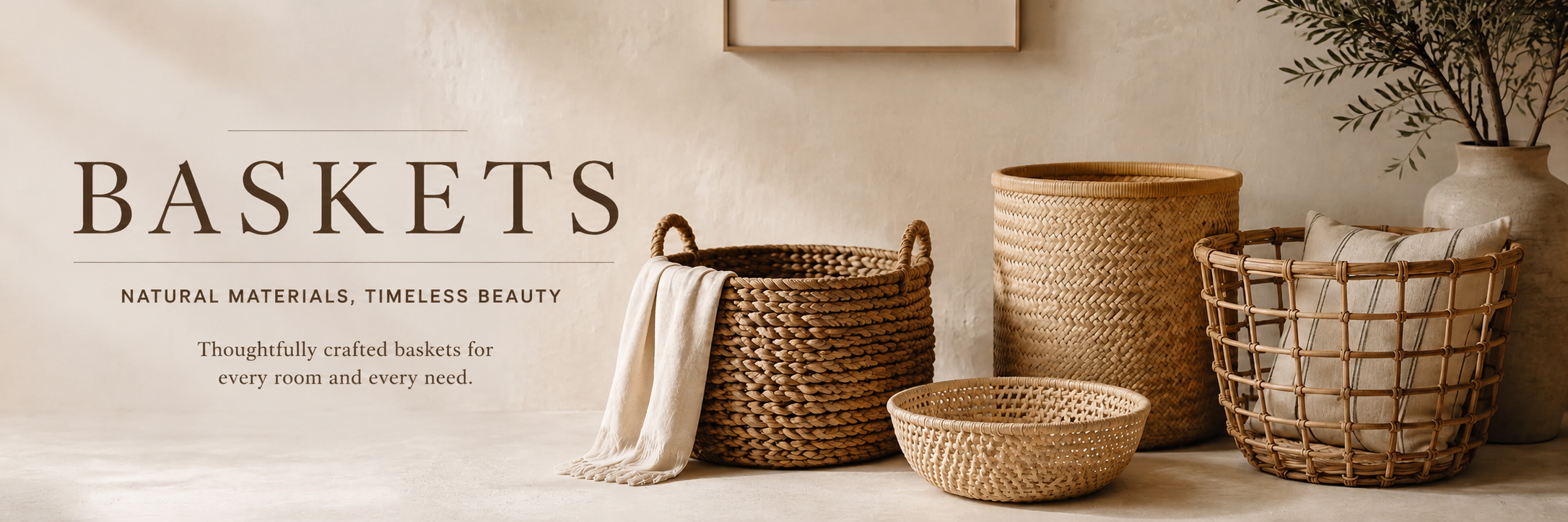 Neutral-toned woven baskets styled in a warm, minimal interior with soft textures and natural materials