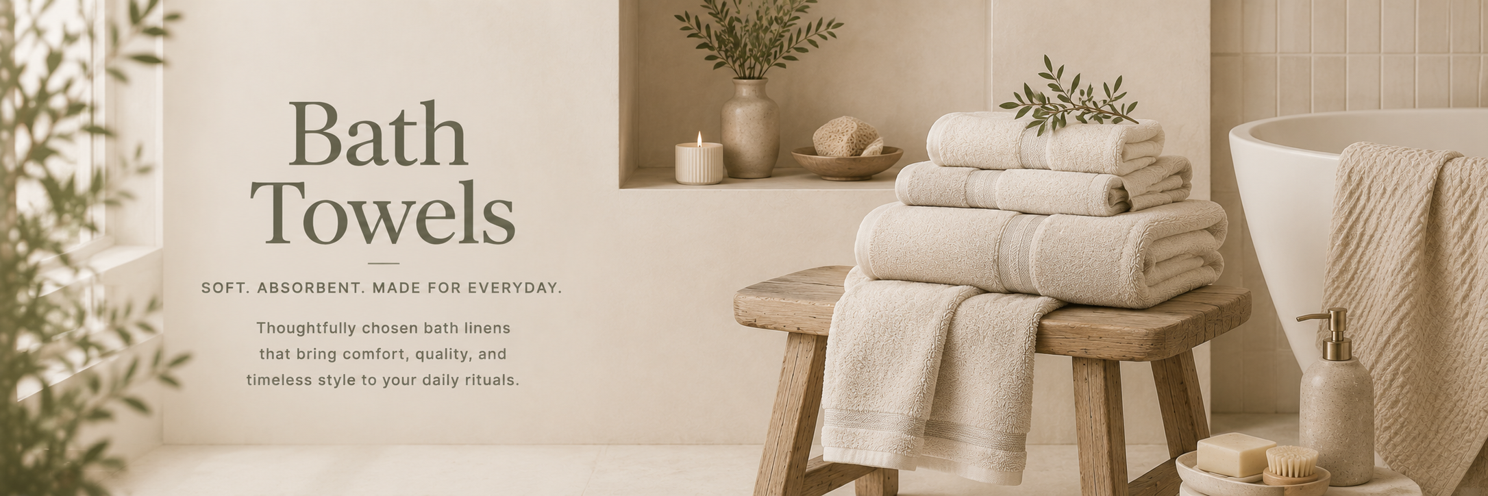 A spa-inspired bathroom featuring soft neutral bath towels, natural textures, and thoughtfully styled bath accessories.