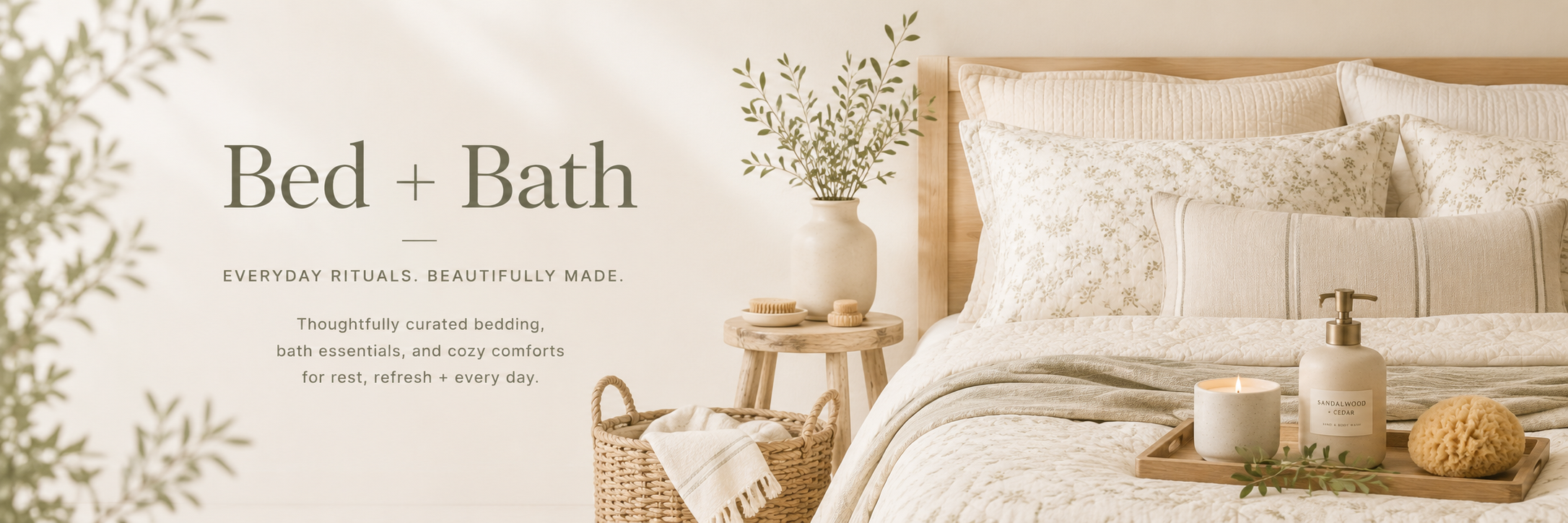 Light and airy bedroom with layered bedding, bath essentials, natural textures, and warm neutral styling
