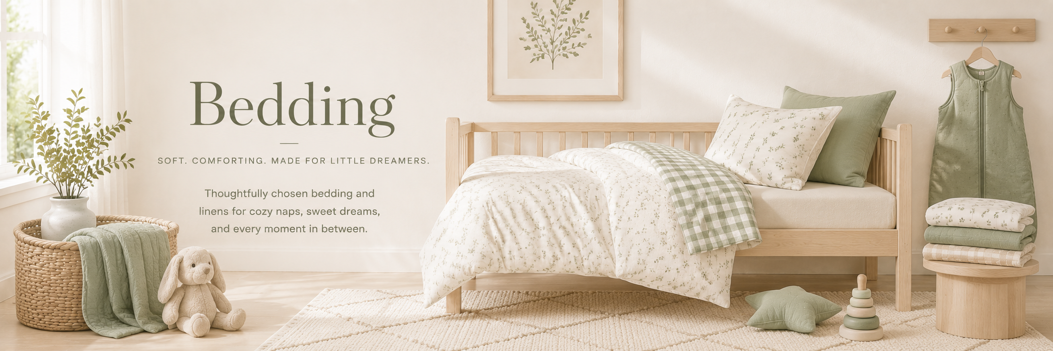 Soft neutral and sage children’s bedding styled in warm minimalist nursery setting