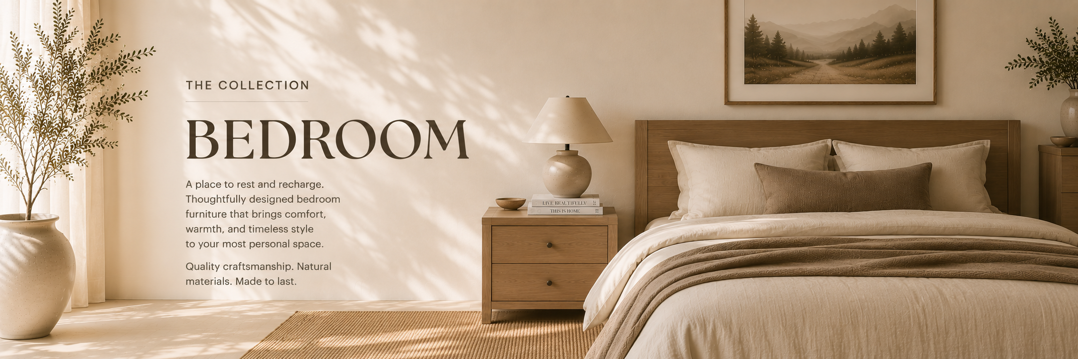 Soft neutral bedroom with a wood bed, layered bedding, and warm natural light creating a calm, restful space