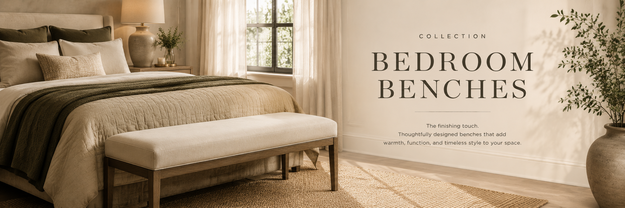 Warm neutral bedroom with upholstered bench at foot of bed and soft natural textures