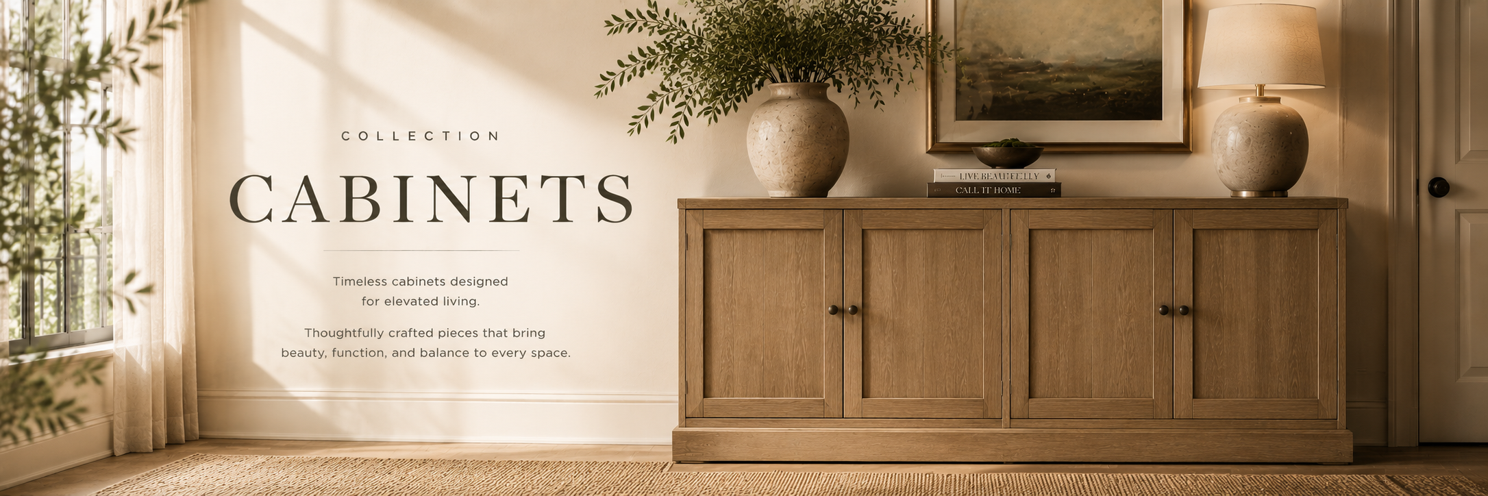 Warm neutral living space with wood cabinet, soft lighting, and natural textures