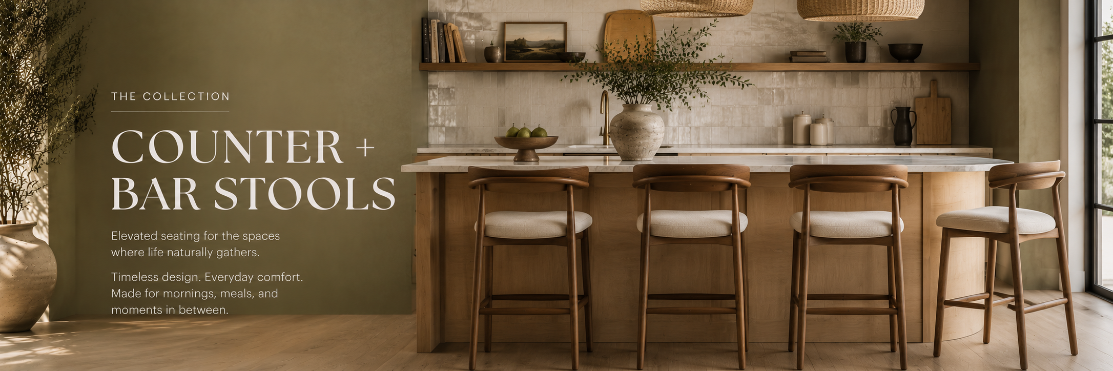Warm kitchen with wood counter stools and neutral tones, styled with natural textures and soft light