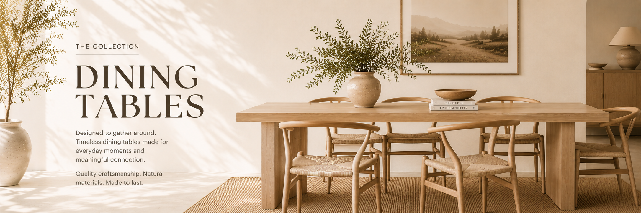 Light neutral dining room with a wood dining table, natural textures, and soft sunlight creating a warm, inviting space