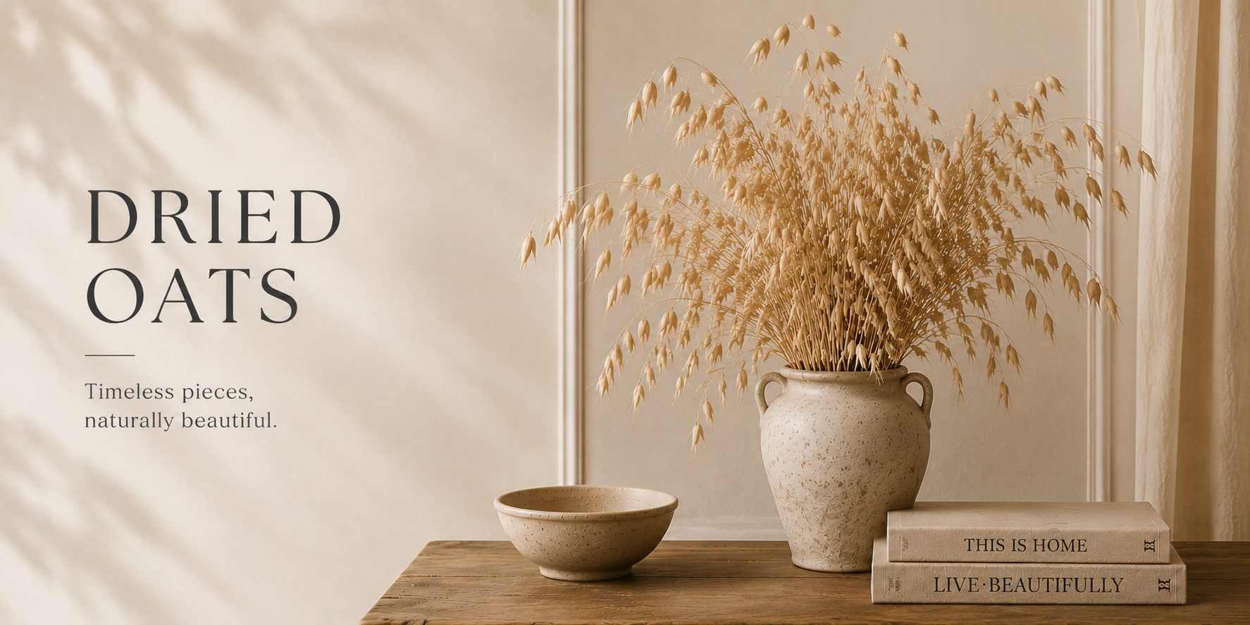 Natural wheat bundle styled in a neutral vase on a wood surface with warm tones and organic textures