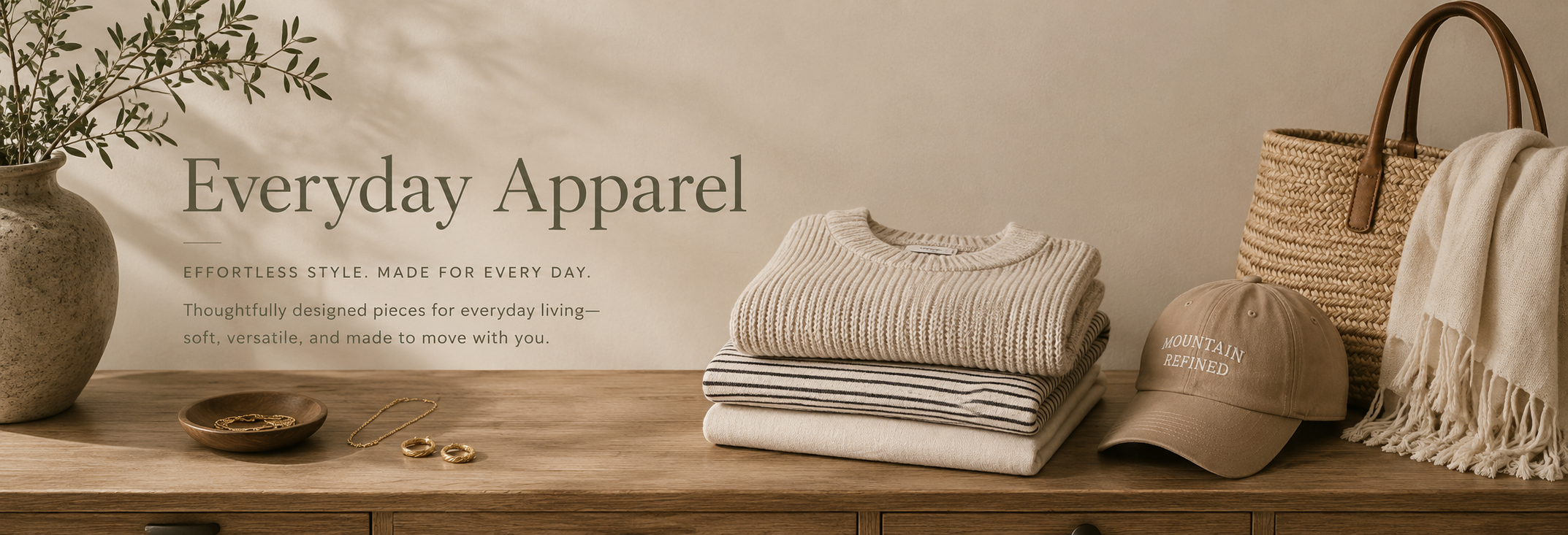 Neutral everyday apparel collection with soft layered clothing and warm minimalist styling