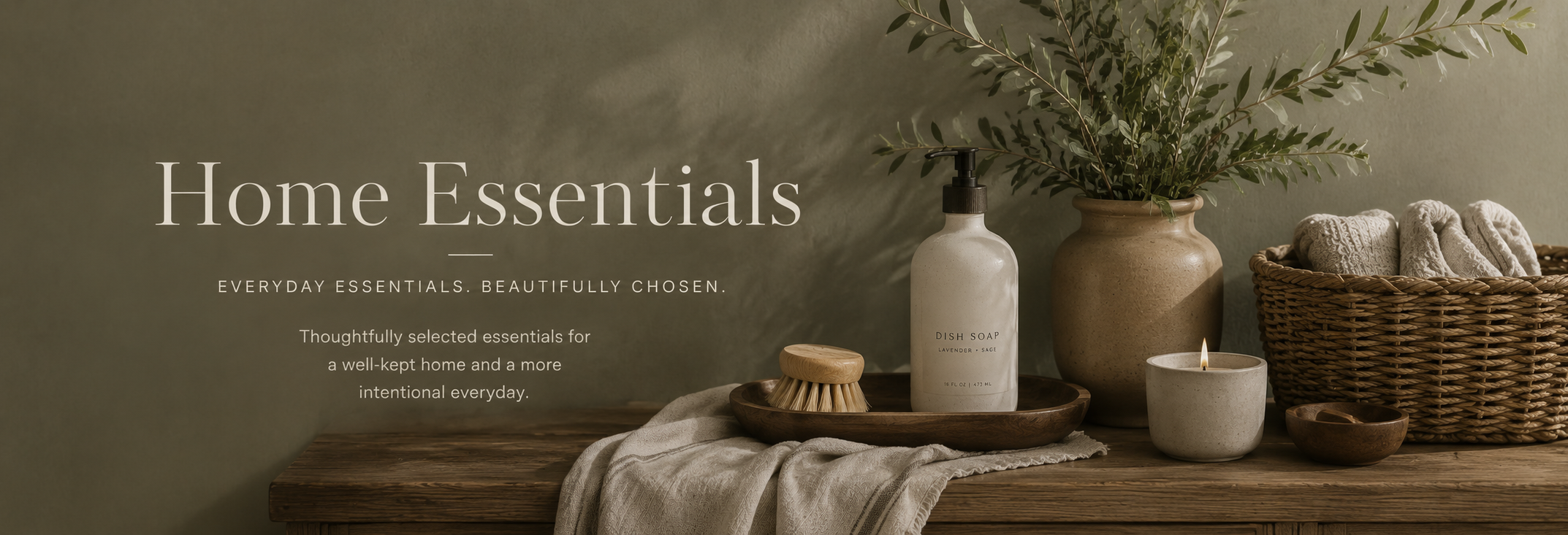 Warm neutral home essentials styling with natural textures, greenery, and elevated everyday products