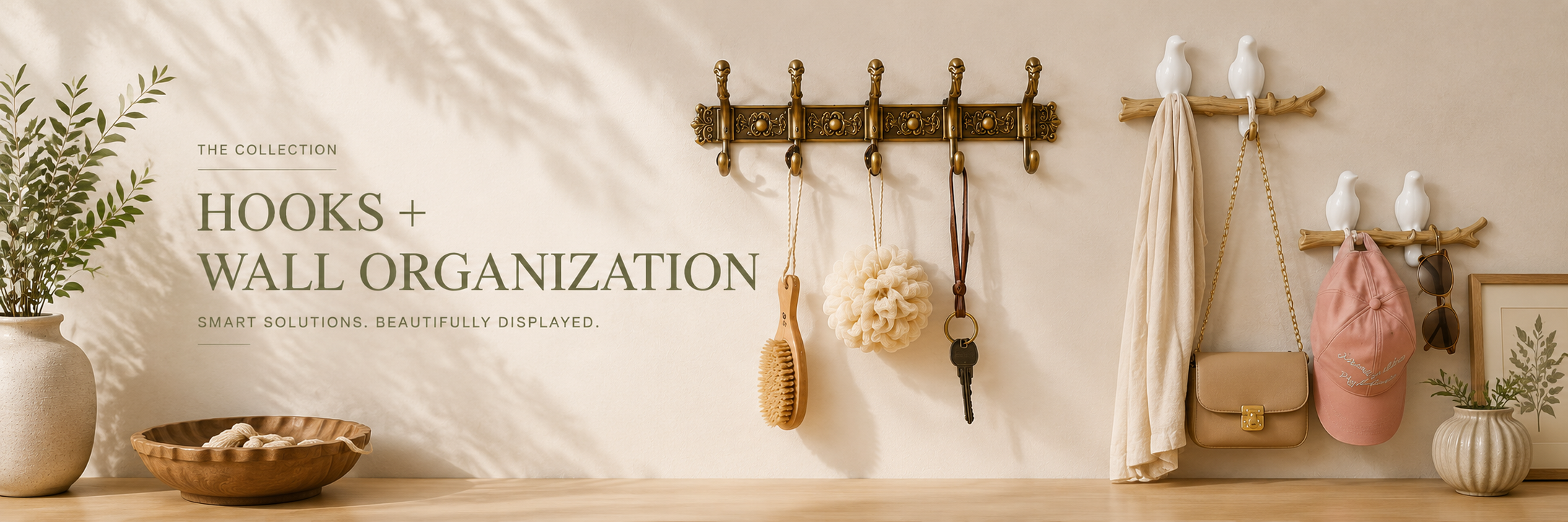 Hooks and wall organization collection banner featuring an ornate brass hook rail, ceramic bird hooks, hanging accessories, and natural decor in a warm, refined entryway.