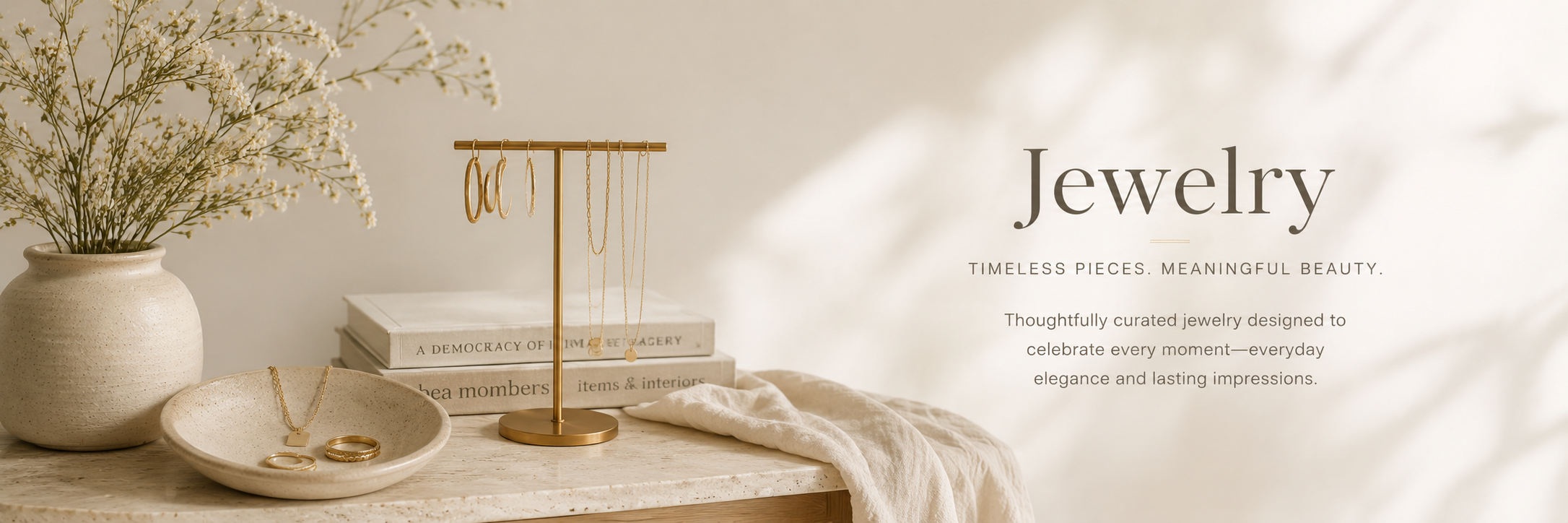 Minimal neutral jewelry collection with gold necklaces, rings, and soft editorial styling