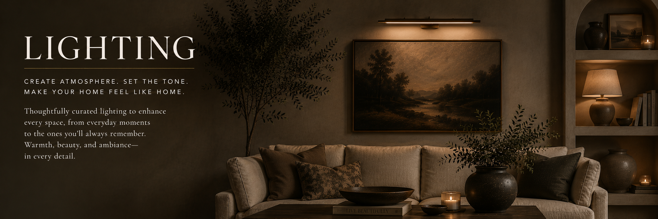 Moody, warm-toned interior featuring a table lamp and ceiling lighting creating a soft, ambient glow
