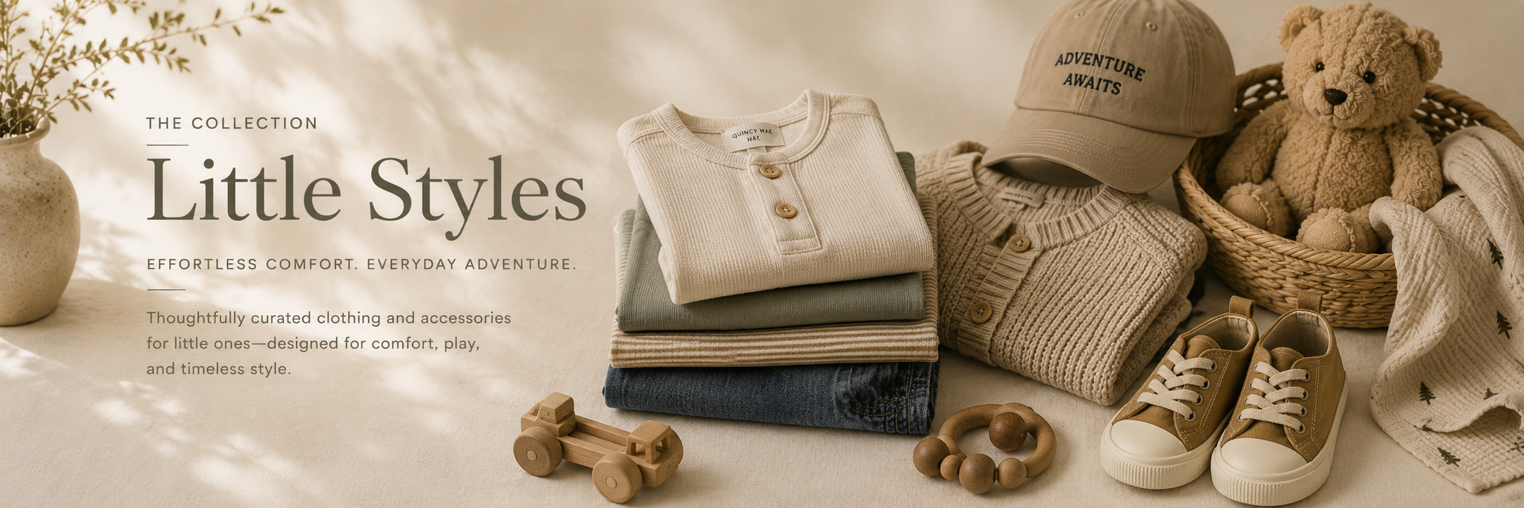 A curated collection of children’s clothing and accessories featuring soft fabrics, neutral tones, and timeless styles designed for everyday comfort.
