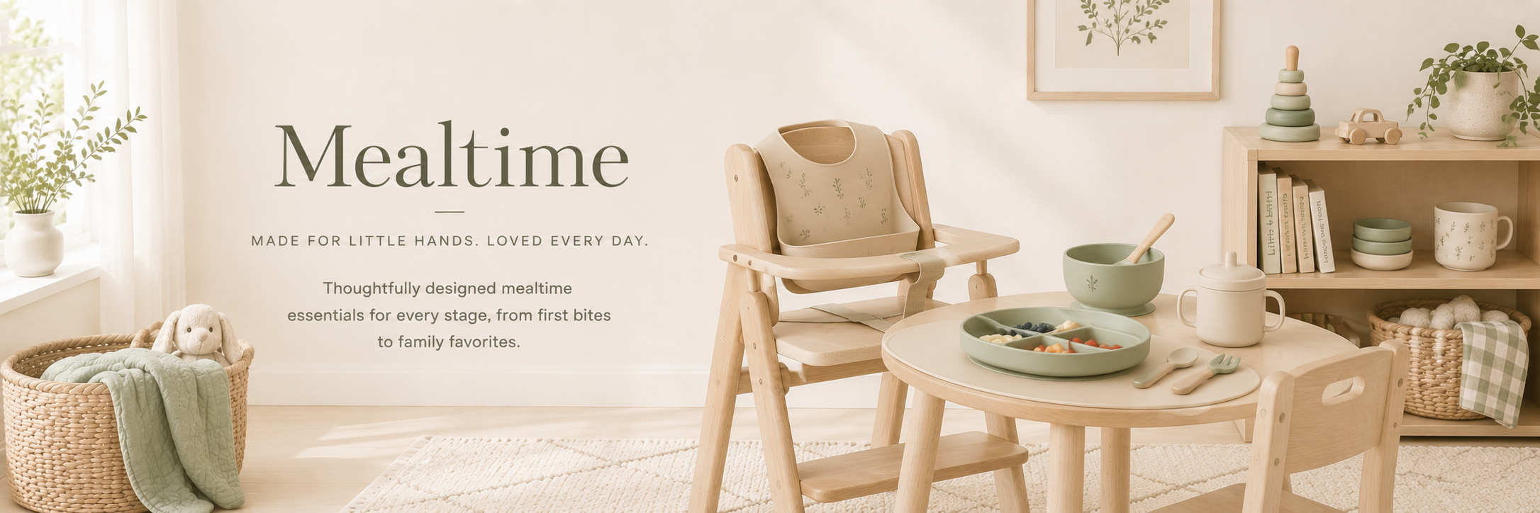 Minimal neutral children’s mealtime setup with wood high chair, sage dishware, and warm natural styling