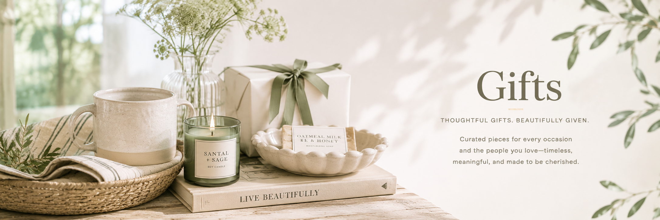 Light and airy gift collection styling with wrapped presents, candles, ceramics, greenery, and soft natural lighting