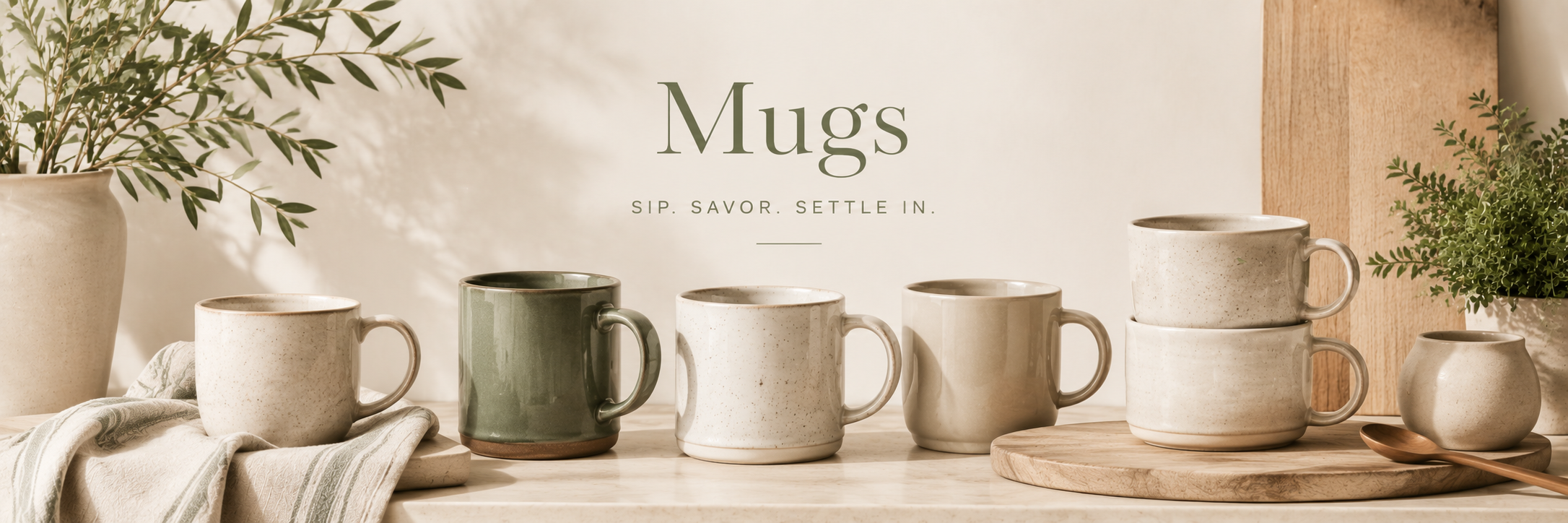 Neutral ceramic mugs styled with linen, greenery, and warm light in a calm, refined kitchen setting