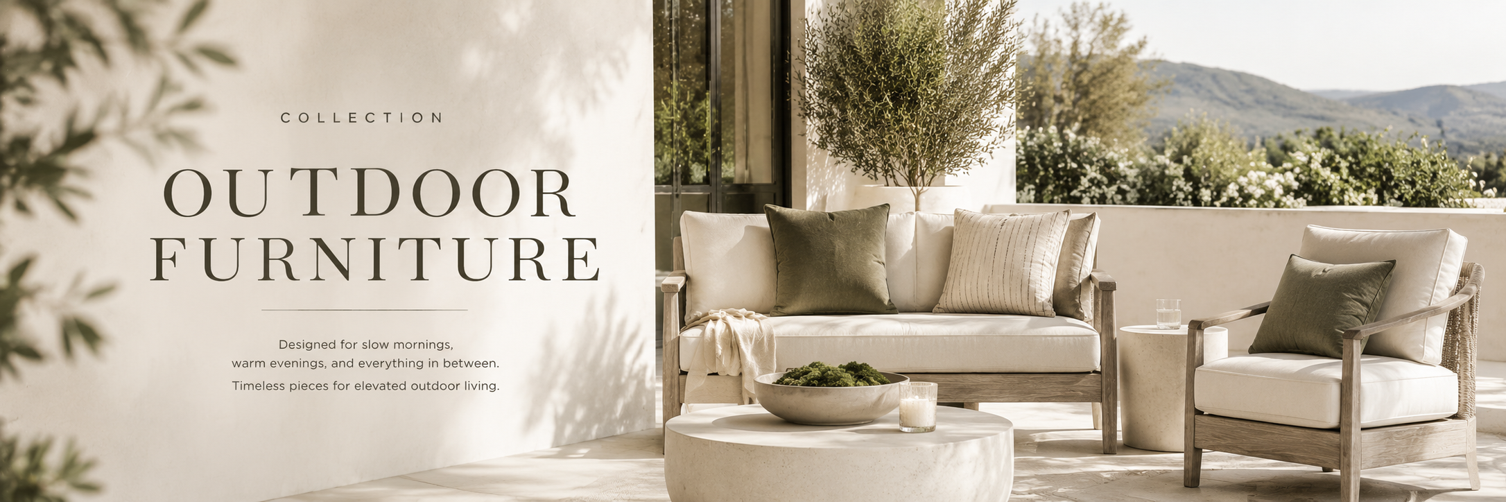 Refined outdoor patio with neutral furniture, natural textures, and soft, inviting seating