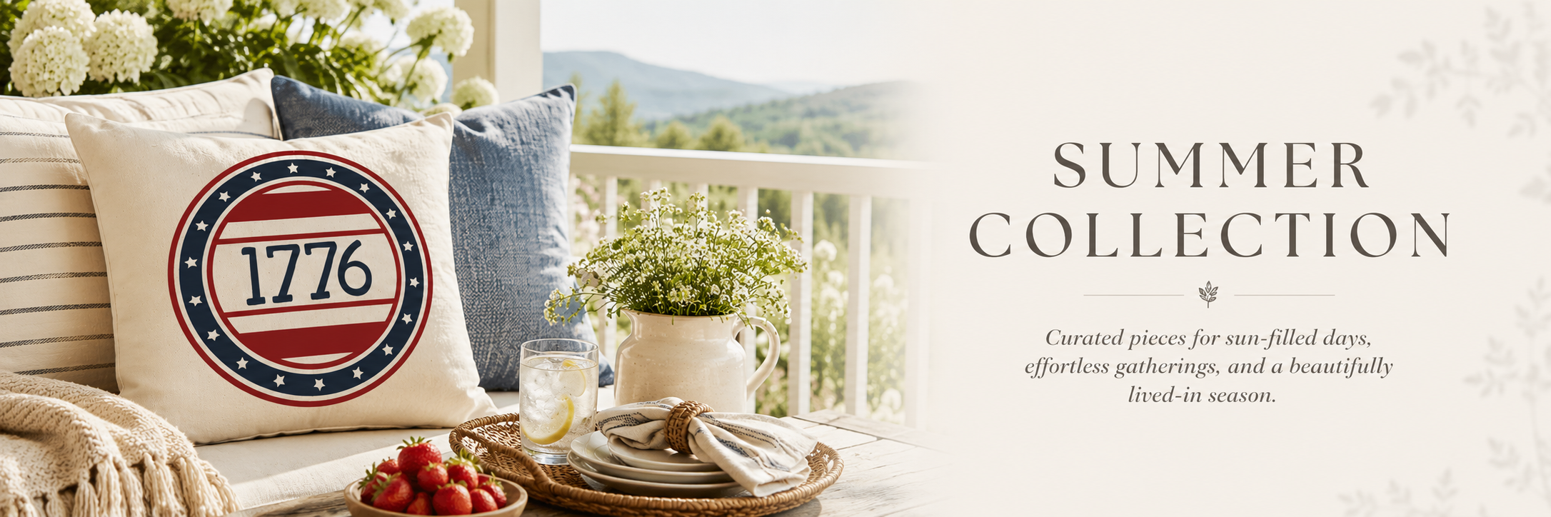 Light-filled summer living space featuring natural textures, seasonal botanicals, soft textiles, and thoughtfully curated décor designed for relaxed summer living and entertaining.
