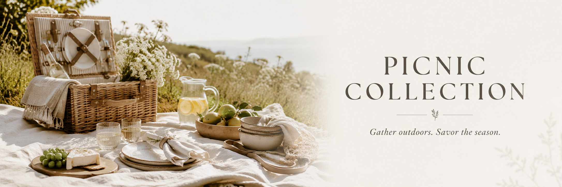 Elegant outdoor picnic scene featuring a woven picnic basket, neutral stoneware dishes, linen textiles, fresh fruit, and a glass pitcher of lemon water.